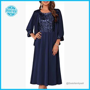 Two Piece Sequin Formal Dress with Jacket Tea Length Elegant Party Wear